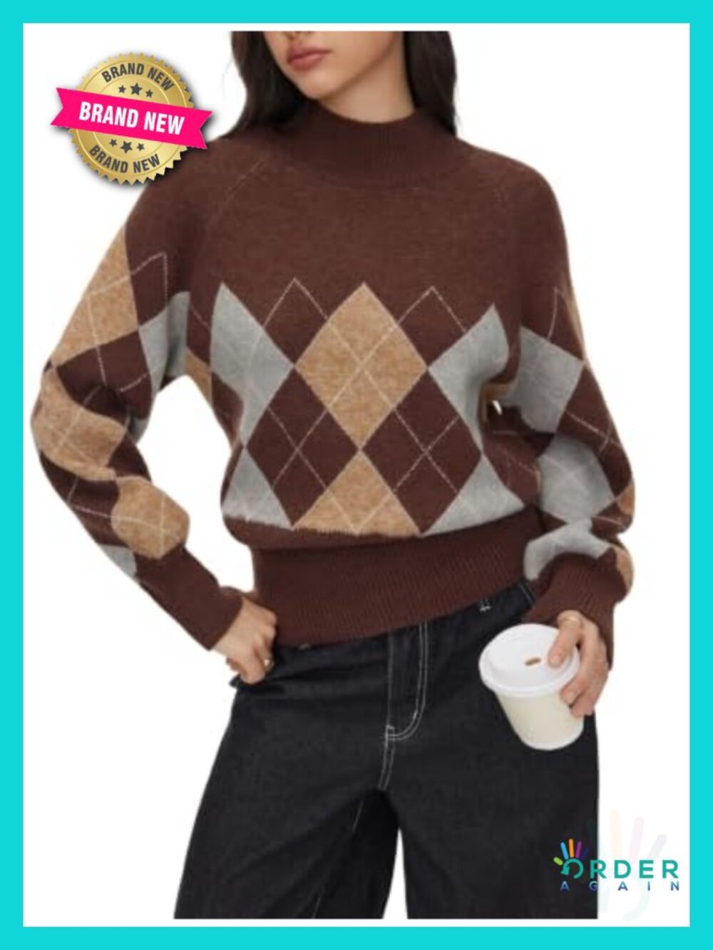CIDER Mock Neck Argyle Knitted Pullover Sweater Lantern Sleeve